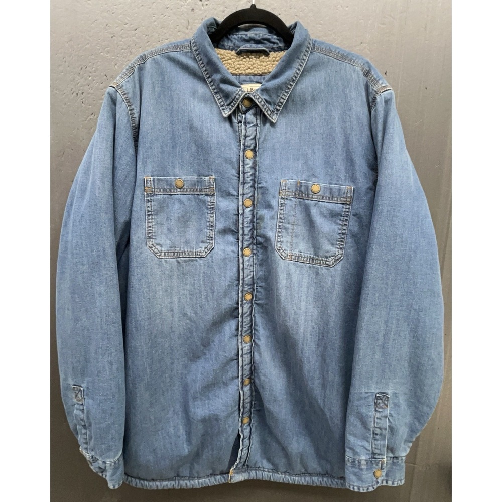 LL Bean 1912 Heritage Shirt Jacket XL Tall Blue Denim Sherpa Lined Chore Shacket
